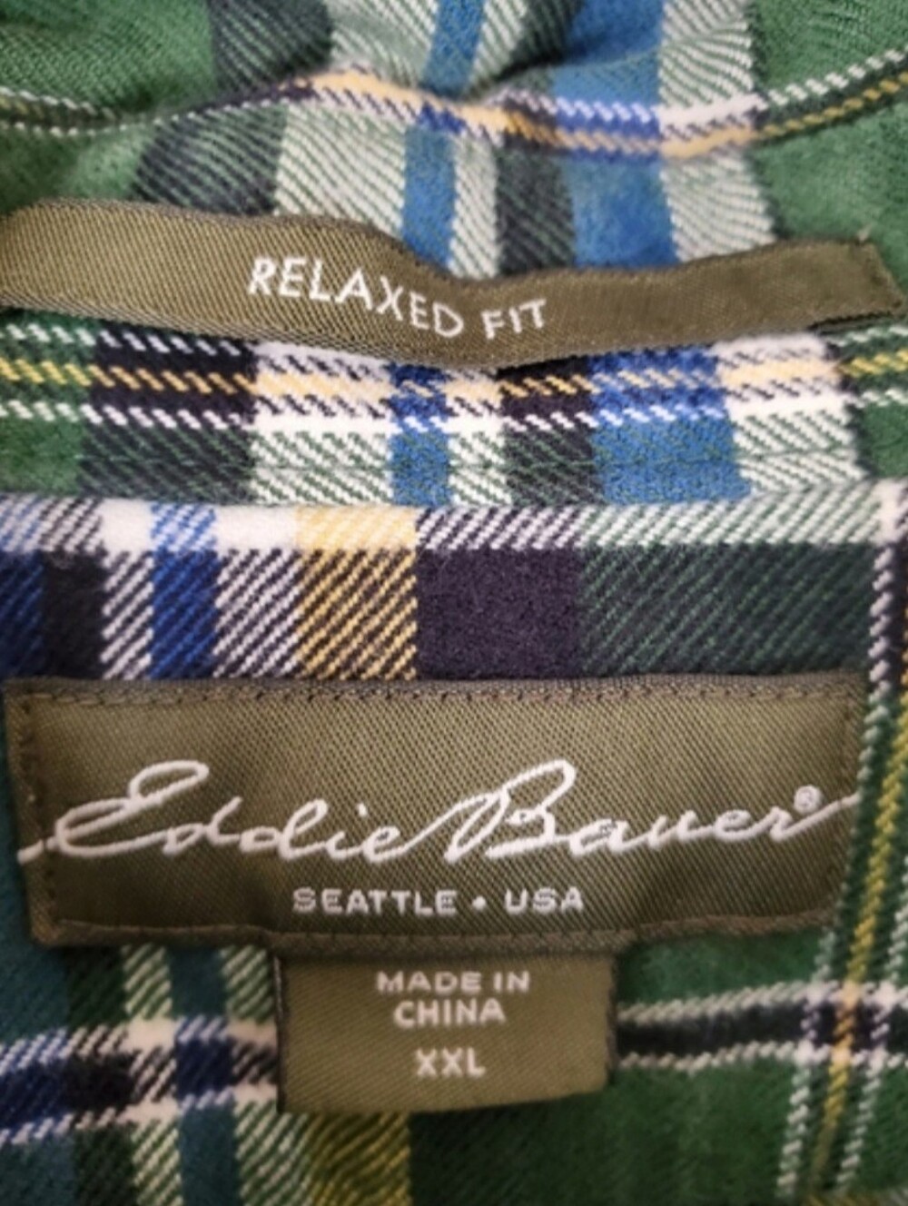 Eddie Bauer Mens XXL Relaxed Fit Green Blue Plaid Flannel Button Down Shirt - Picture 3 of 10